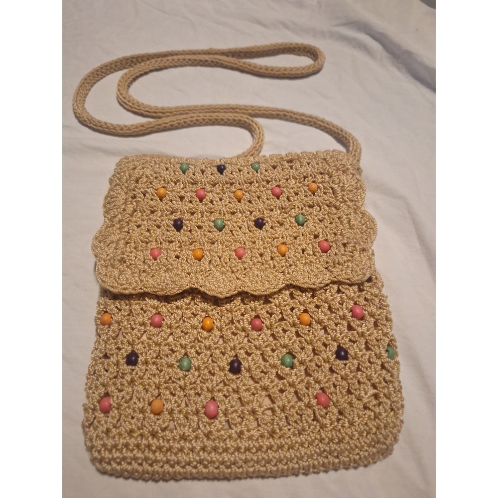 The Sak Vintage 90s Boho Crochet Beaded Crossbody Bag Camel Multi Wood Beads